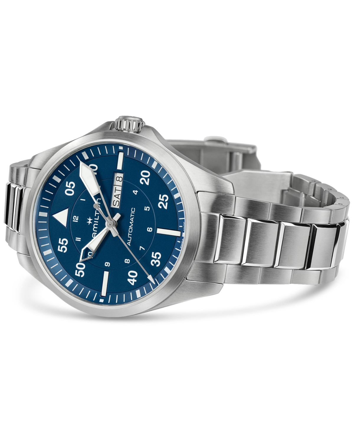 Shop Hamilton Men's Swiss Automatic Khaki Aviation Day Date Stainless Steel Bracelet Watch 42mm In Silver
