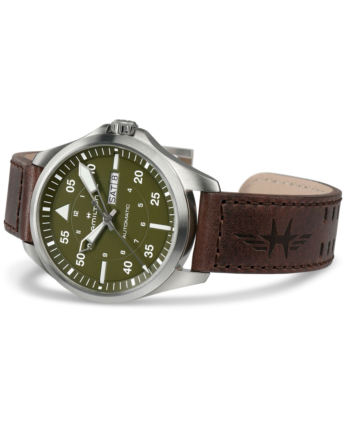 Мужские часы Hamilton Swiss Automatic Khaki Aviation Day Date Brown Leather Strap Watch 42mm — фото 3