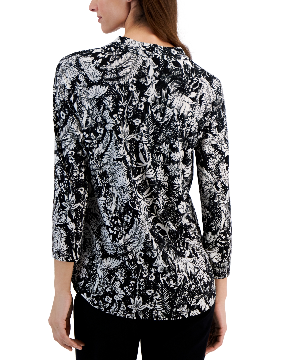 Shop Jm Collection Women's Printed 3/4 Sleeve V-neck Knit Top, Exclusively At Macy's In Black Feather Floral Combo