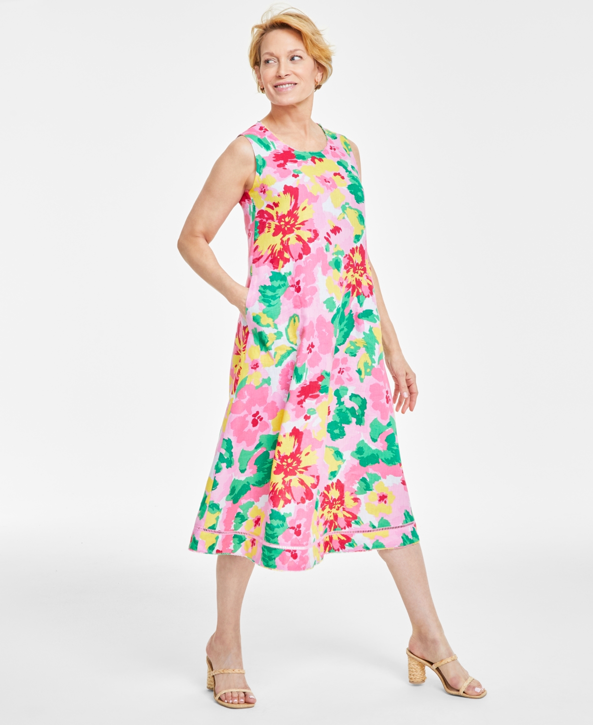 Women's 100% Linen Floral-Print Woven Sleeveless Dress, Created for Macy's - Bubble Bath Combo