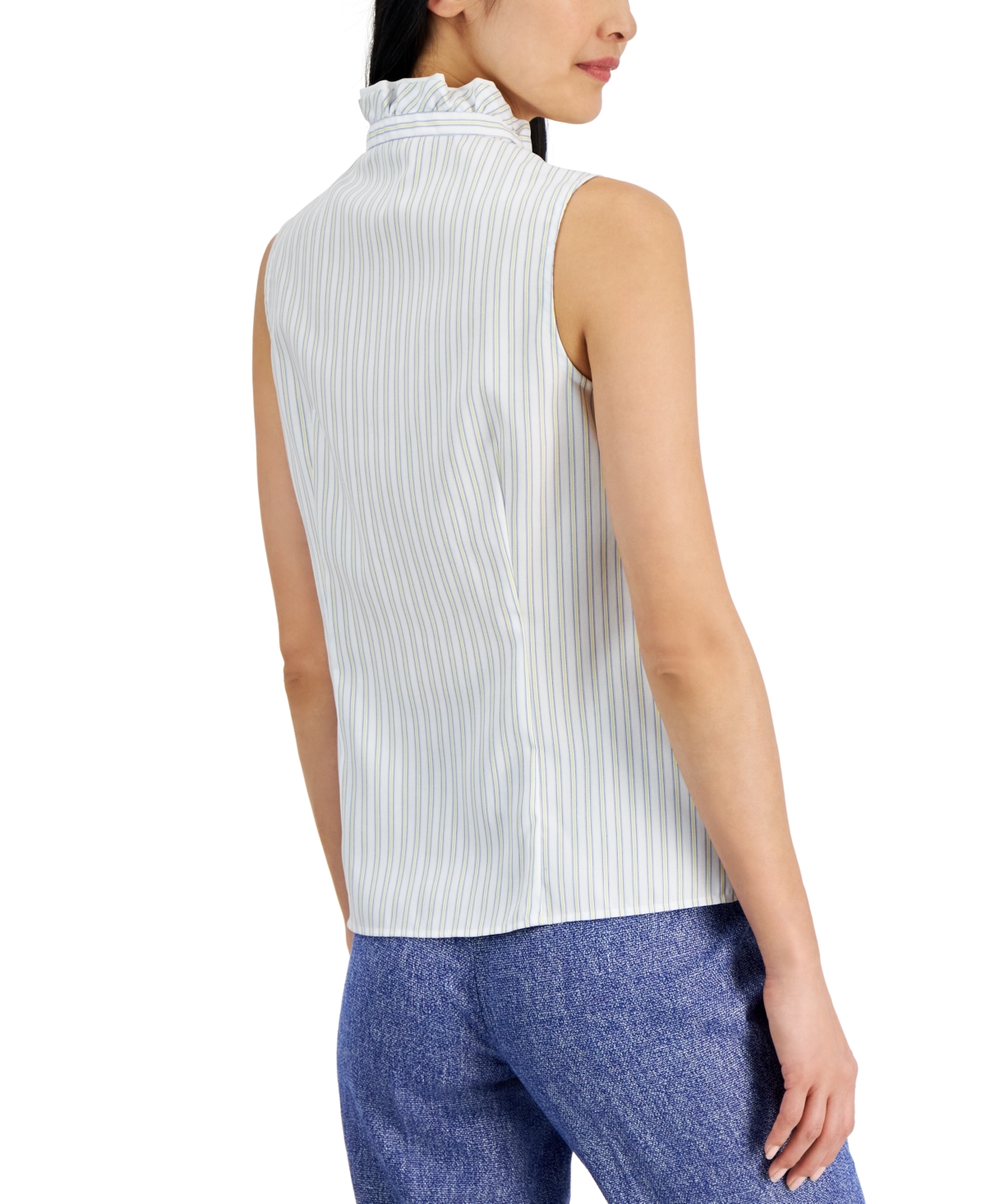 Shop Anne Klein Women's Cotton Striped Ruffled-neck Sleeveless Blouse In Bright Wht