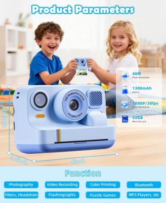 Kids Instant Print Camera 48MP with 16X Zoom, 1080P HD Video, Bluetooth, Dual Lens, 32GB Card & 4 Print Rolls
