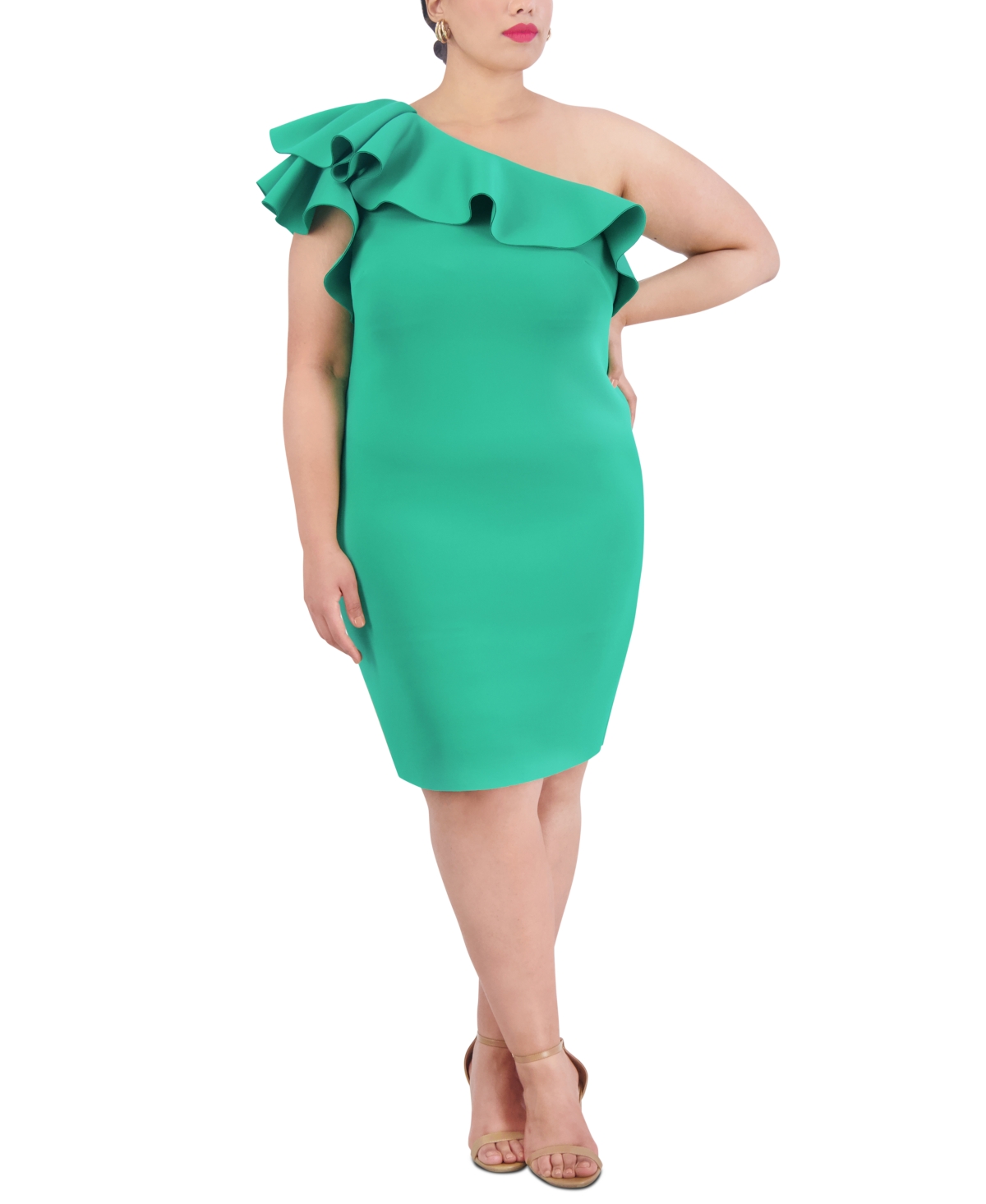 Plus Size Ruffled One-Shoulder Dress - Green