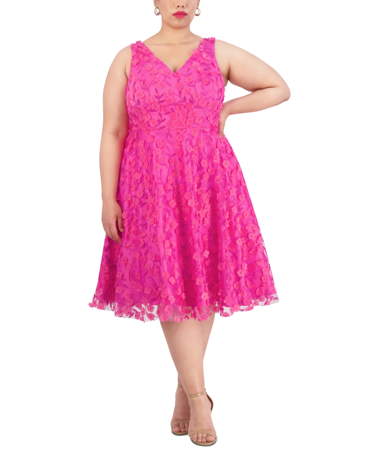 Eliza J Plus Size 3d Floral-applique Fit & Flare Dress In Fuchsia