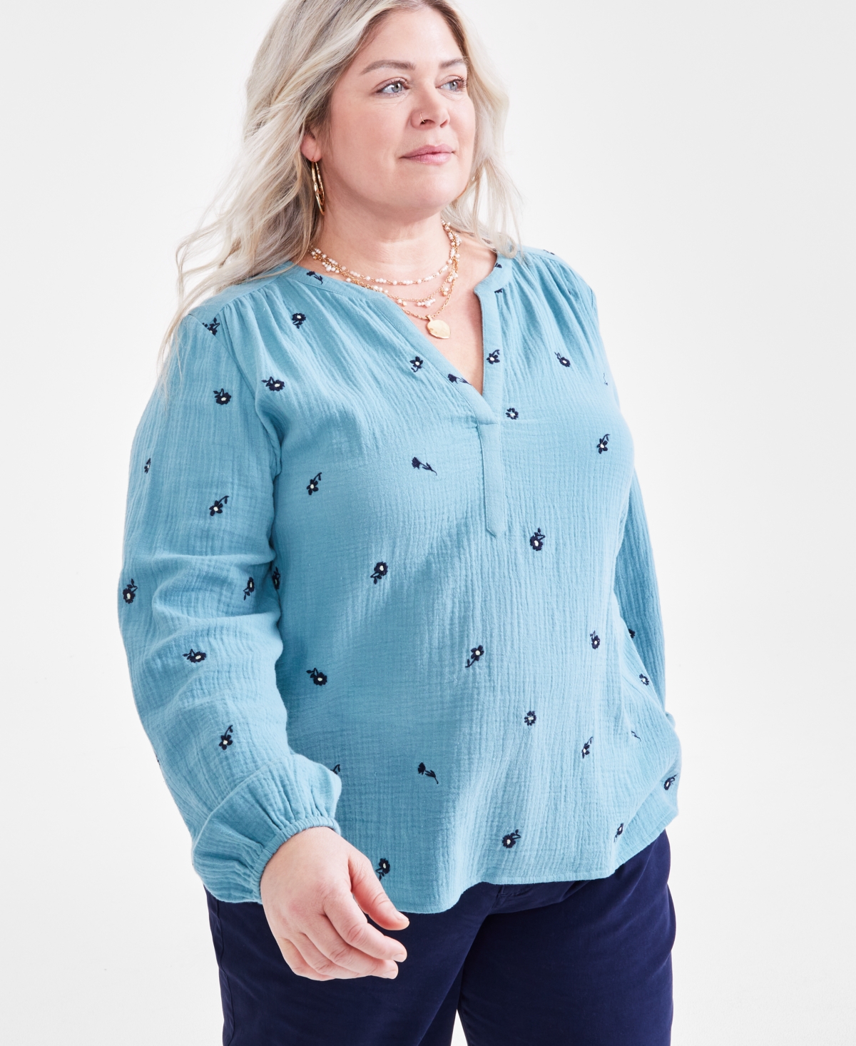 Plus Size Cotton Printed Long-Sleeve Top, Created for Macy's - Floral Teal