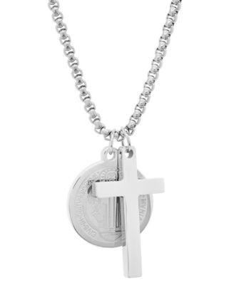 Men's Stainless Steel Cross and St. Benedict Religious 24" Pendant Necklace