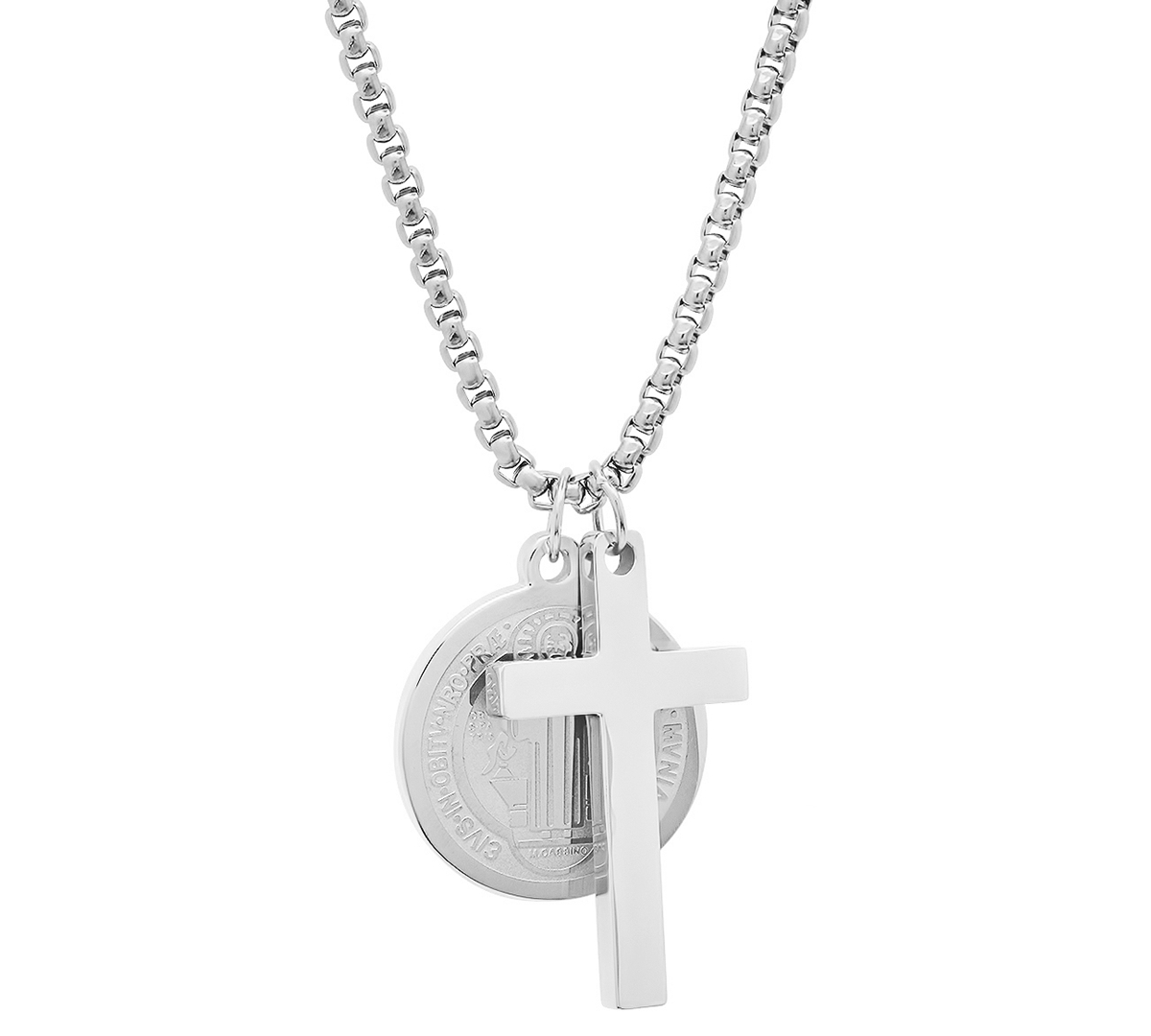 Shop Steeltime Men's Stainless Steel Cross And St. Benedict Religious 24" Pendant Necklace In Silver