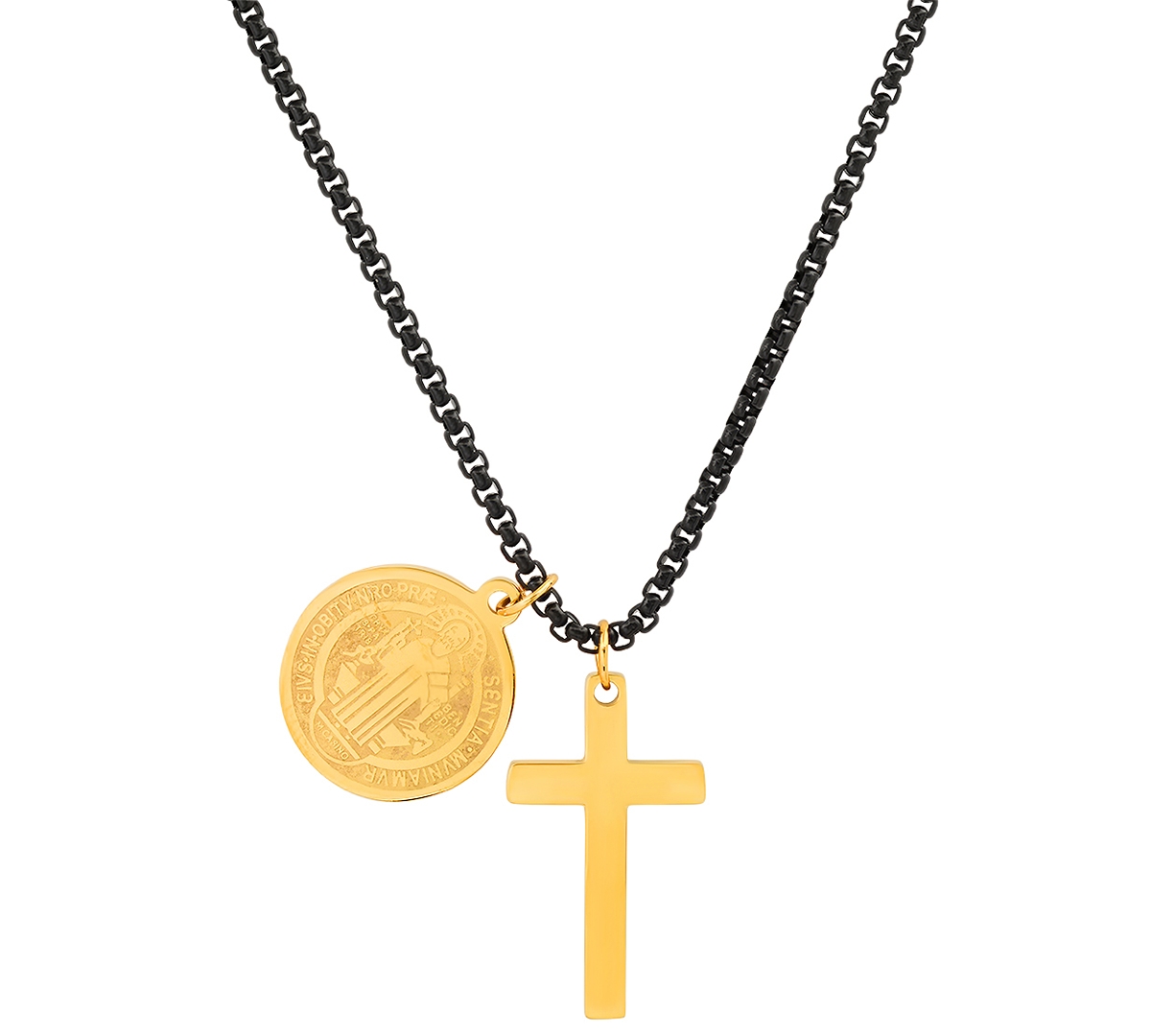 Shop Steeltime Men's Black-tone Ip & 18k Gold-plated Stainless Steel Cross And St. Benedict Religious 24" Pendant N In Black,gold