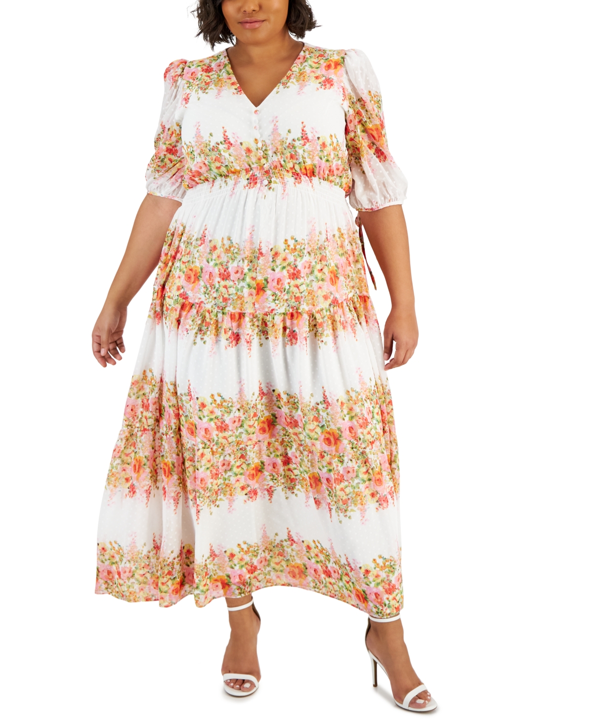 Plus Size Floral-Print Chiffon A-Line Midi Dress - Ivory Flamingo