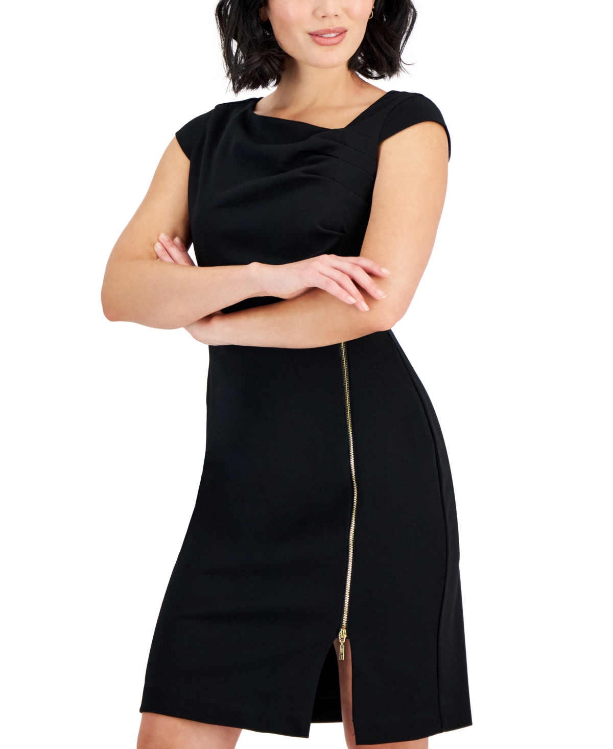 Shop Tahari Petite Asymmetric-neck Zip-skirt Sheath Dress In Black