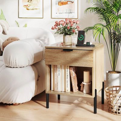 1PC Nightstand with Charging Station Drawer Compartment Modern Side End Table