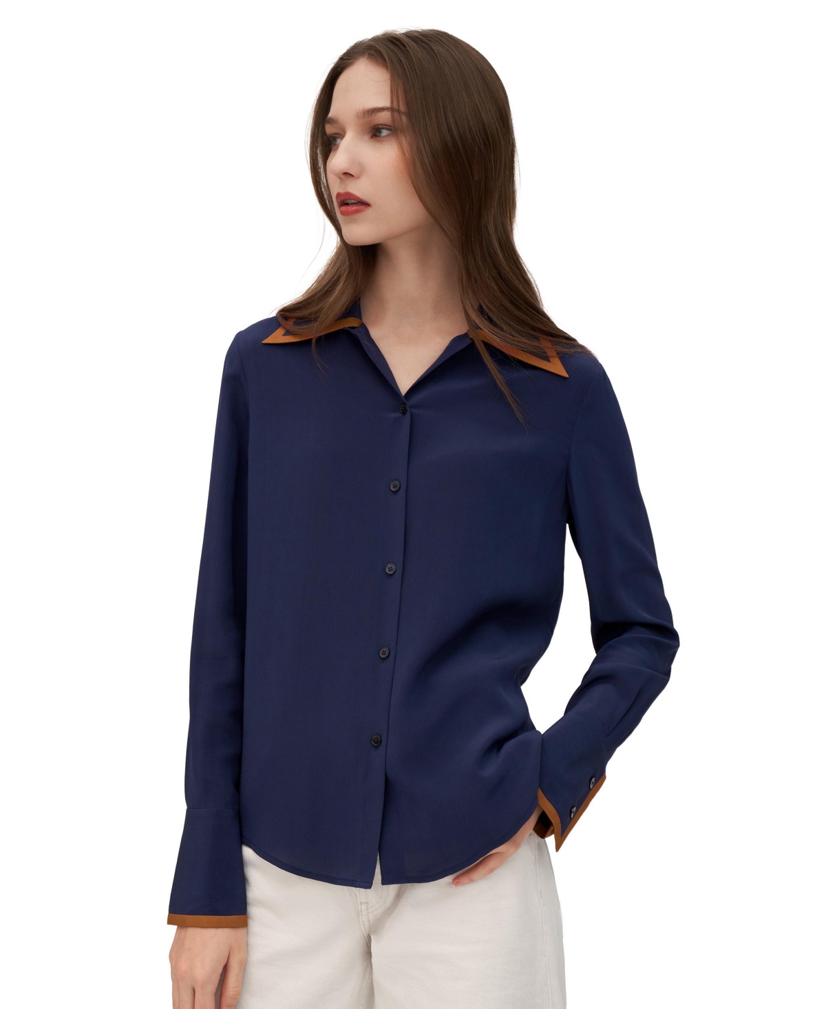 Women's Contrast Piping Silk Willow Shirt for Women - Natural-white