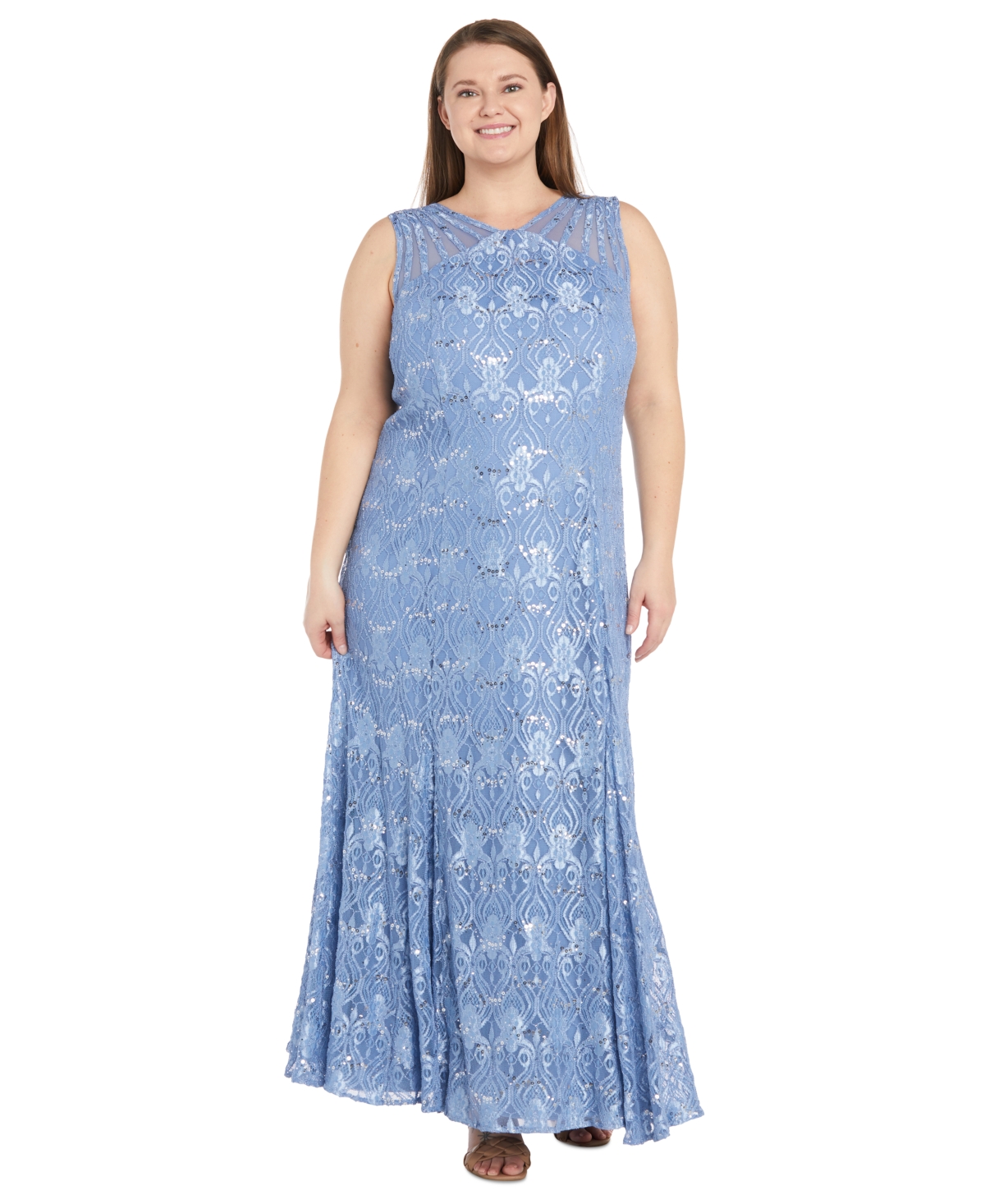 Plus Size Sequin Lace Gown - Dusty Blue