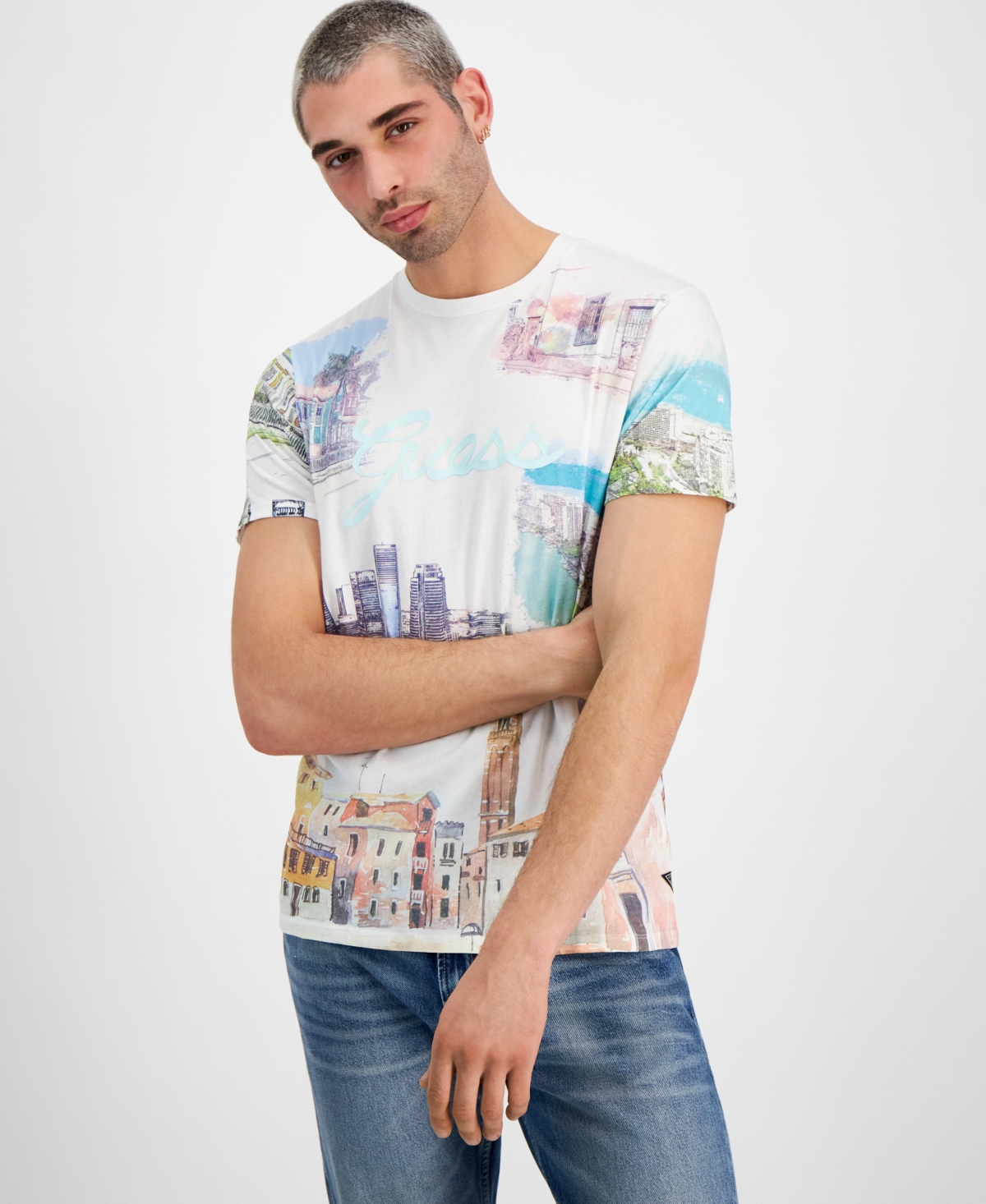 Guess Men's Regular-fit Riviera Graphic T-shirt In Salt White Multi