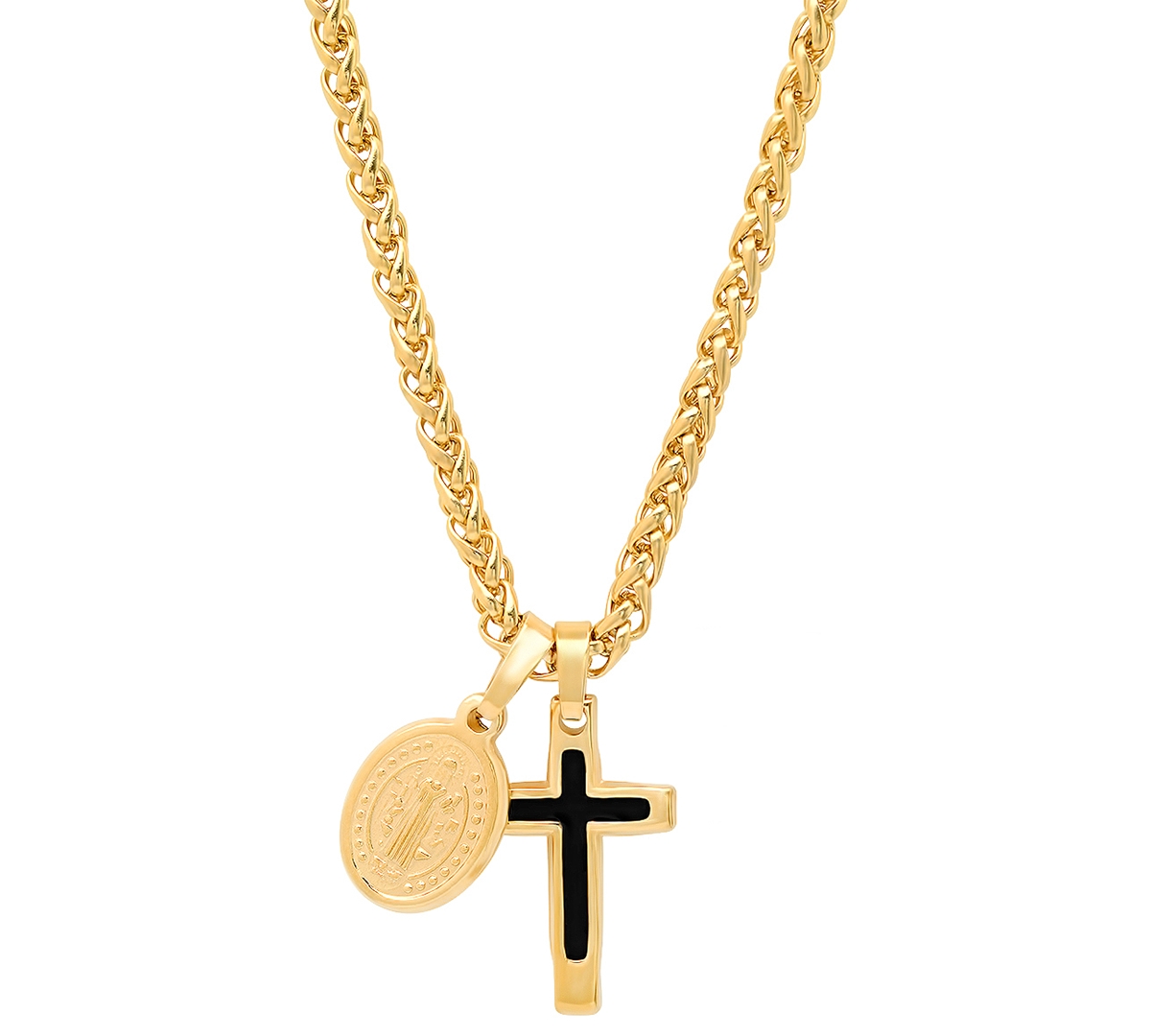 Men's Cross & St. Benedict Pendant Necklace, 24" - Black, Gold