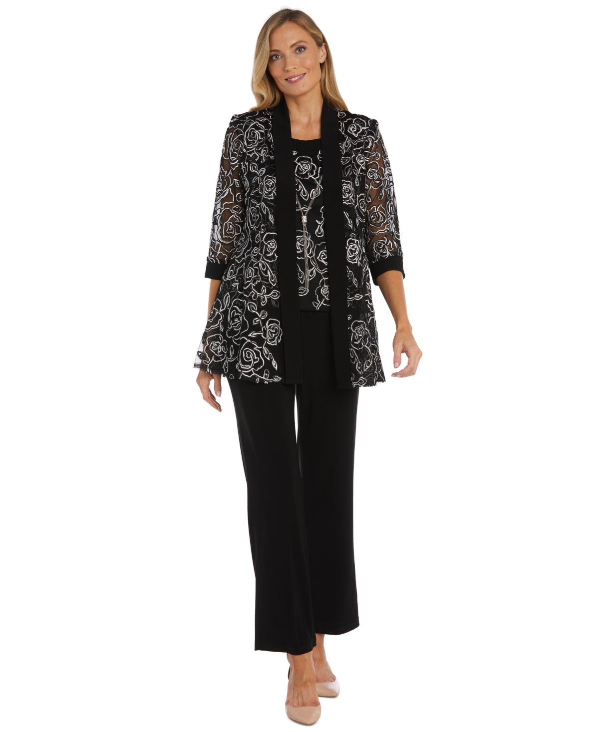 R & M Richards Petite 2-pc. Embroidered Jacket & Pant Set In Black,white