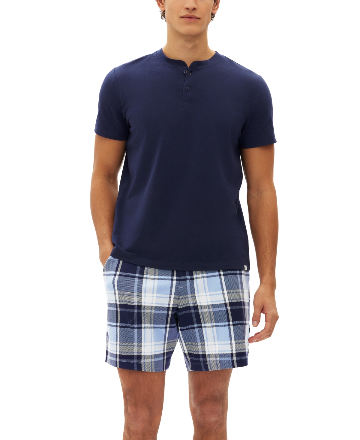 Men's 2-Pc. Solid Henley & Plaid Pajama Shorts Set - Blue Assorted