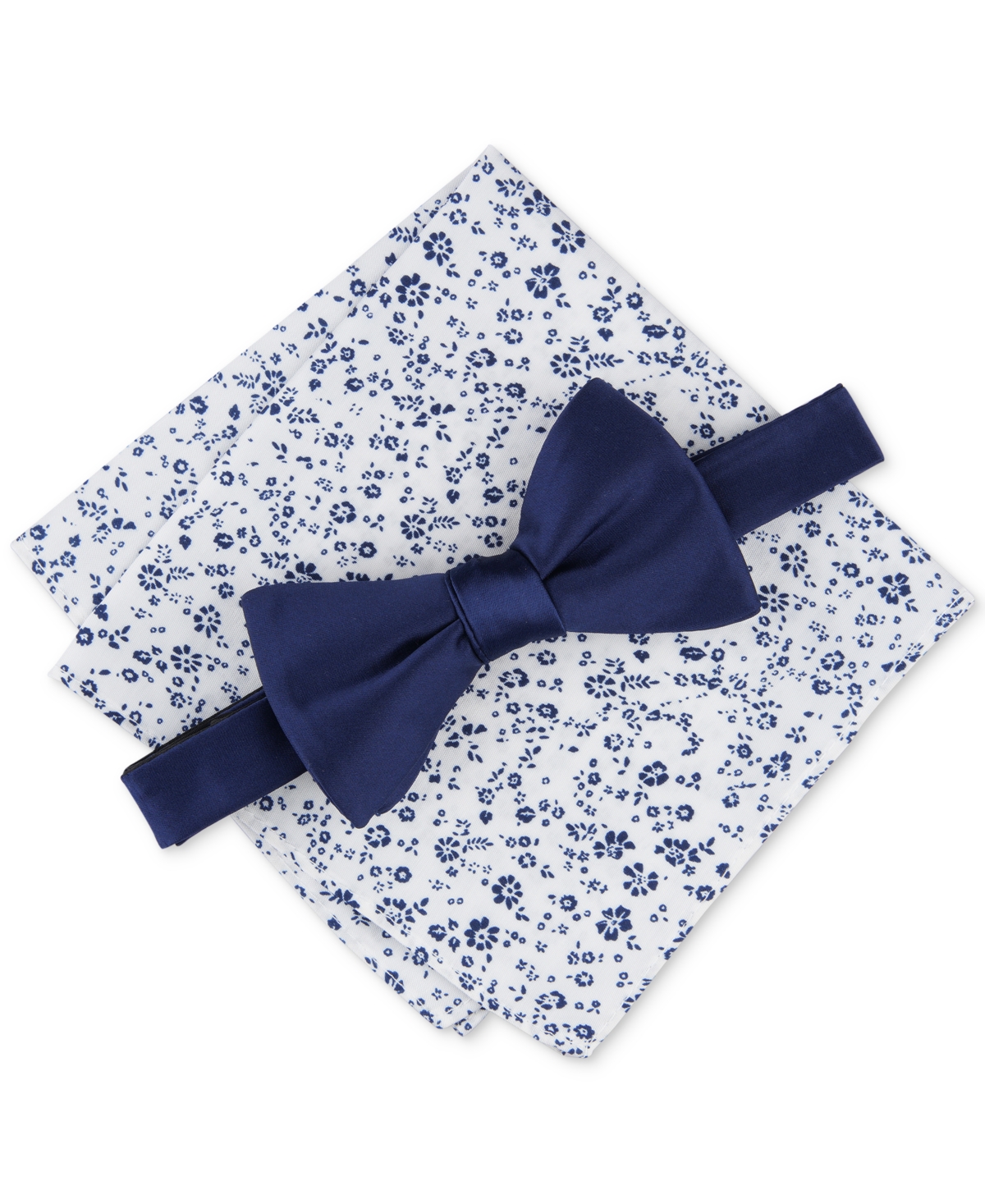 Bar Iii Men's Logan Solid Bow Tie & Floral Pocket Square Set, Created For Macy's In Dark Navy