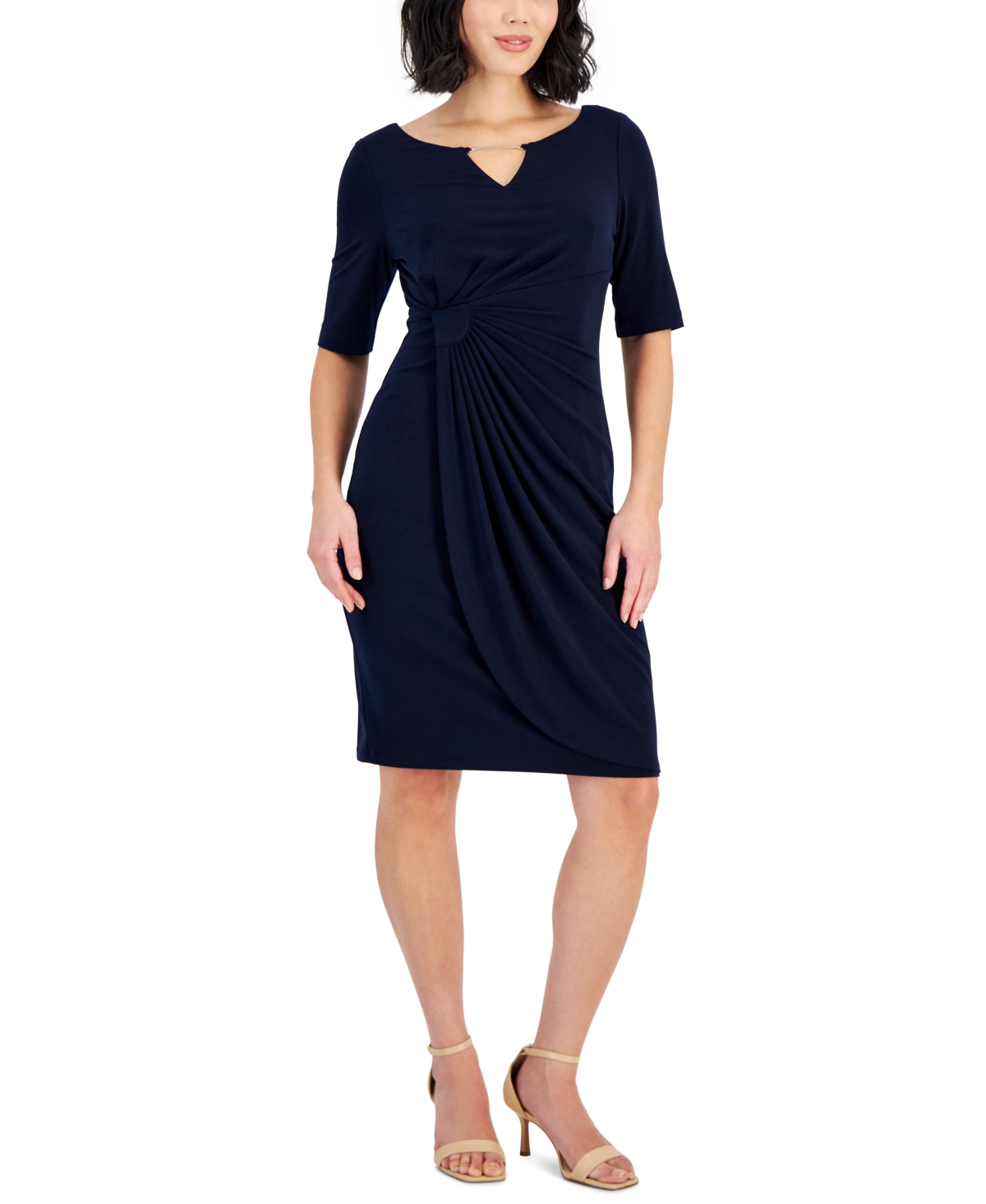 Shop Connected Petite Round-neck Elbow-sleeve Sheath Dress In Navy