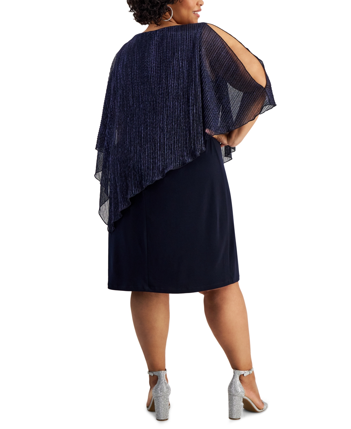 Shop Connected Plus Size Pleated Metallic Cape Sheath Dress In Navy