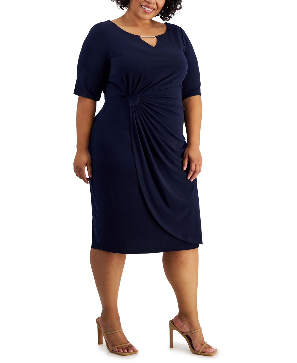 Shop Connected Plus Size Elbow-sleeve Side-drape Dress In Navy