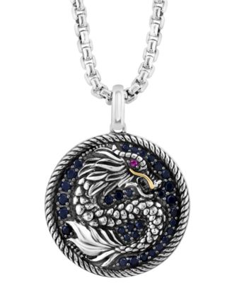 EFFY&reg; Men's Black Sapphire (7/8 ct. t.w.) & Ruby (1/20 ct. t.w.) Dragon Disc 22" Pendant Necklace in Sterling Silver