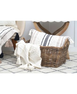 Barton Dune Onyx White Sand Beige Striped Throw Pillow, 14" x 22" w/ Tassels