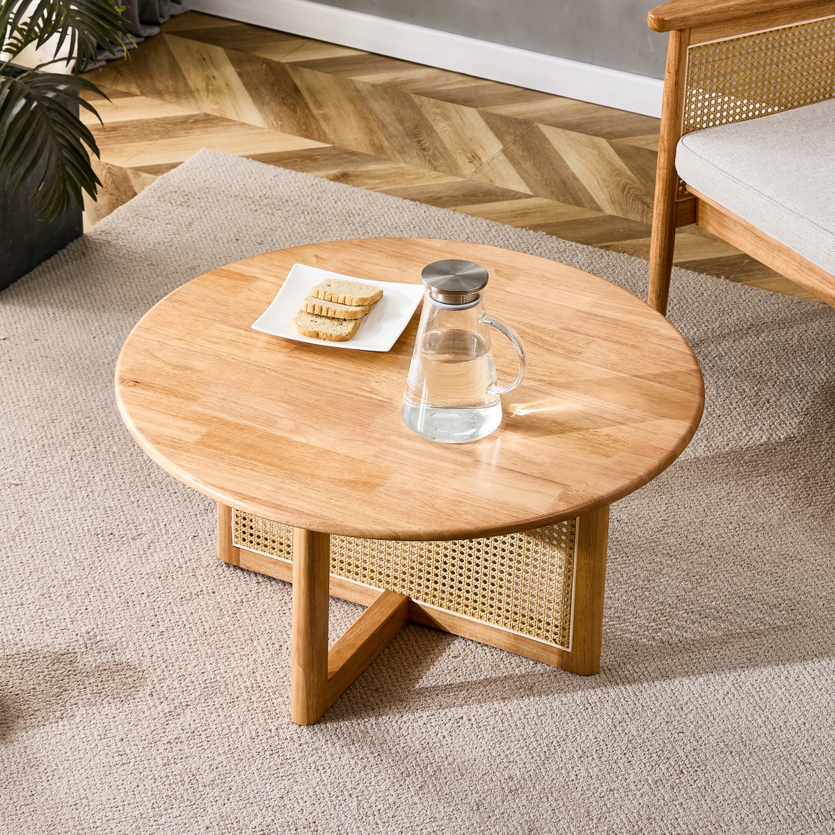 Elegant wooden coffee table with faux rattan accents