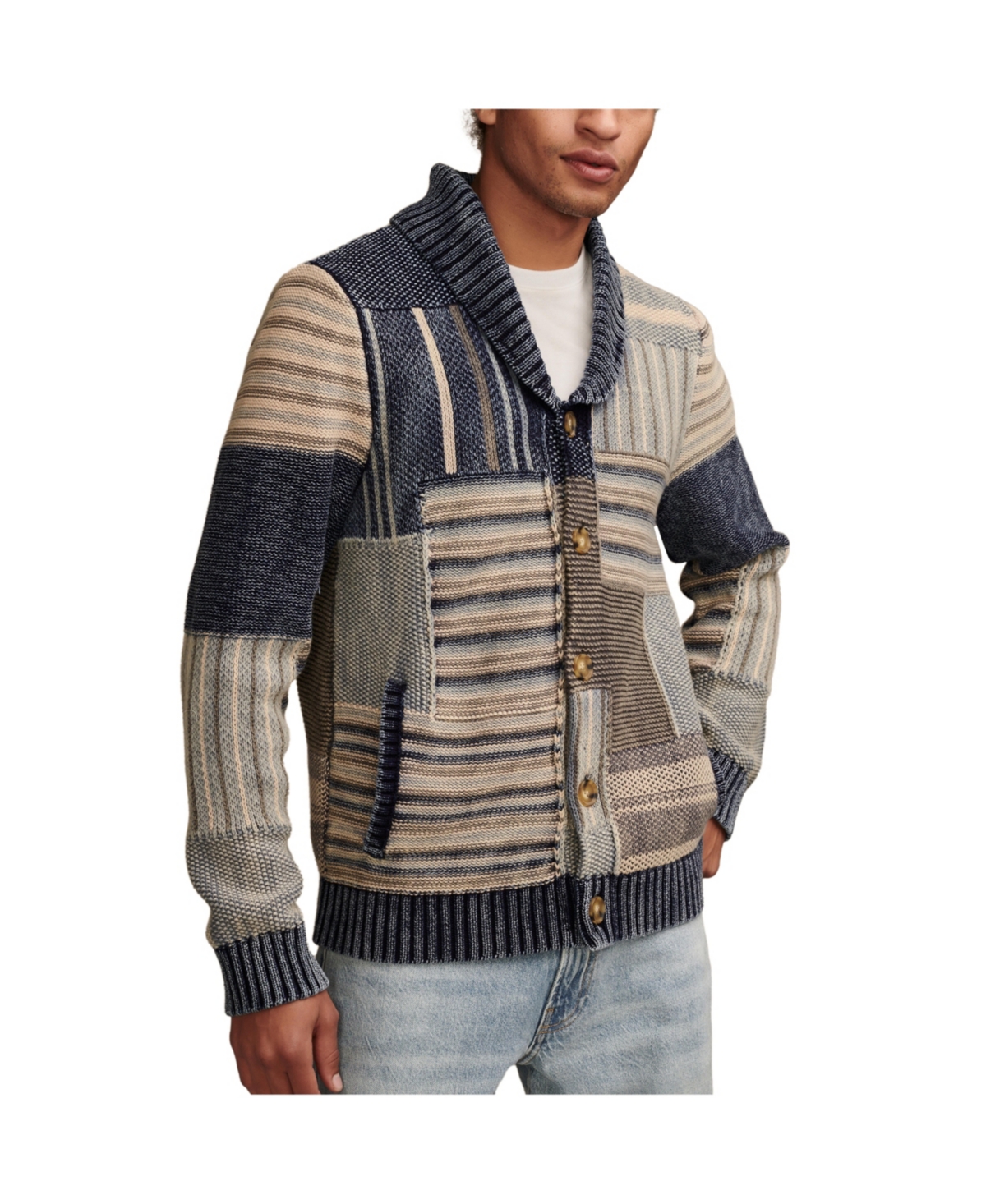 Shop Lucky Brand Men's Long Sleeve Patchwork Shawl Cardigan Sweater In Denim Combo
