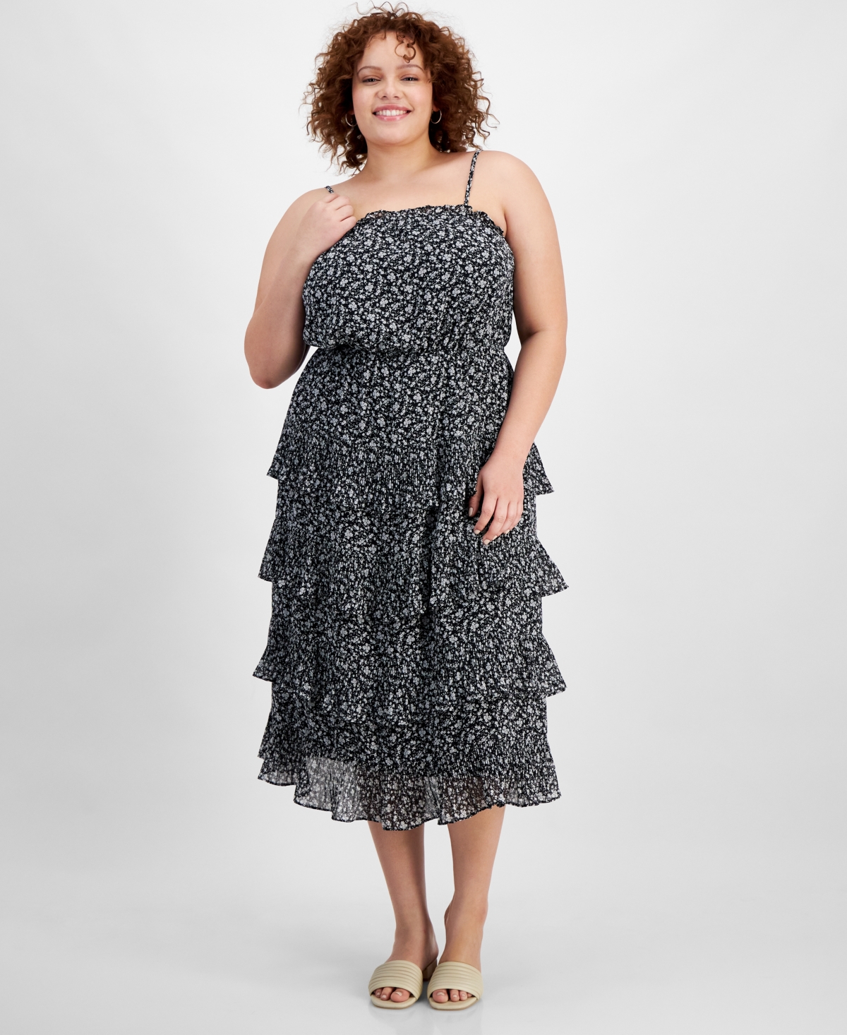 And Now This Trendy Plus Size Printed Ruffle-trim Midi Dress In Black Floral