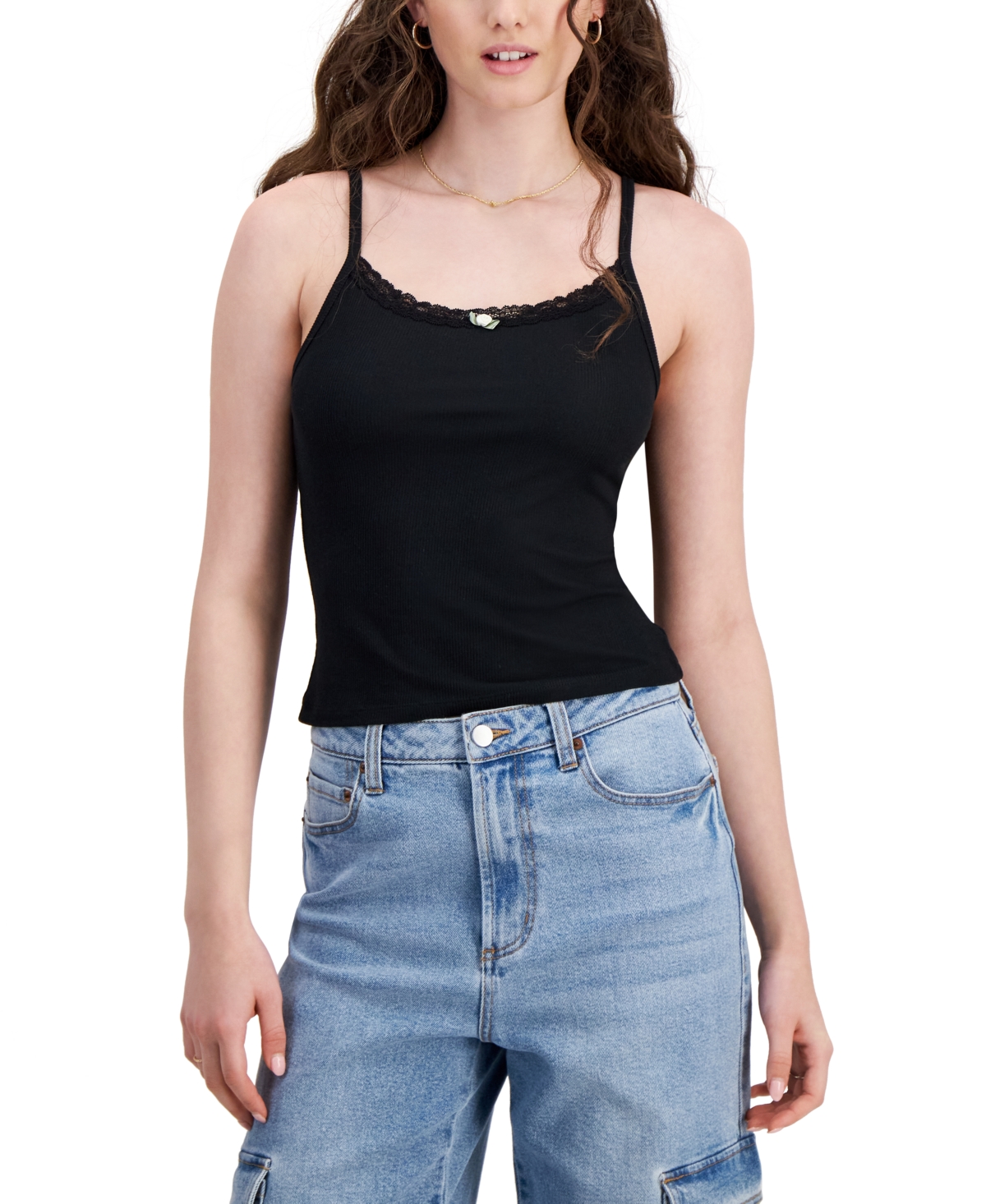 Shop Just Polly Juniors' Lace Trim Ribbed Tank In Black