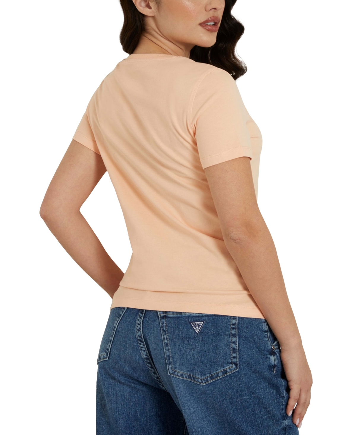 Shop Guess Women's Sequin Logo T-shirt In Peach Sky