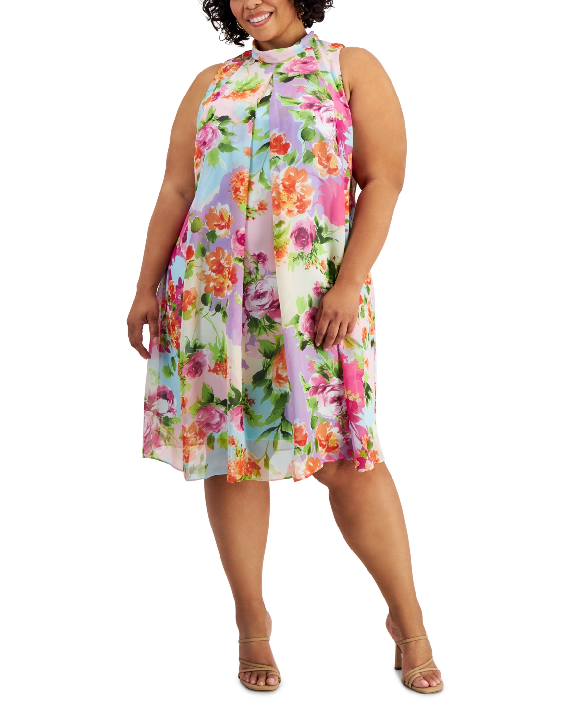 Plus Size Floral-Print Sleeveless A-Line Dress - Multi