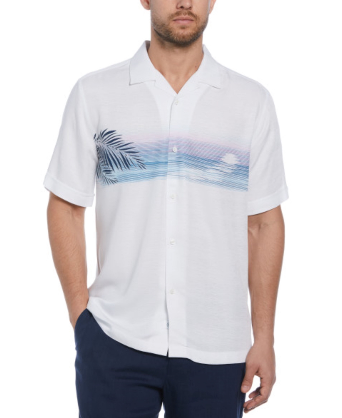 Men's Short Sleeve Sunset Print Button-Front Camp Shirt - Brilliant White