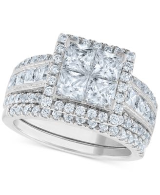 Macy's - Diamond Princess & Round Quad Cluster Bridal Set (3-1/2 ct. t.w.) in 14k White Gold