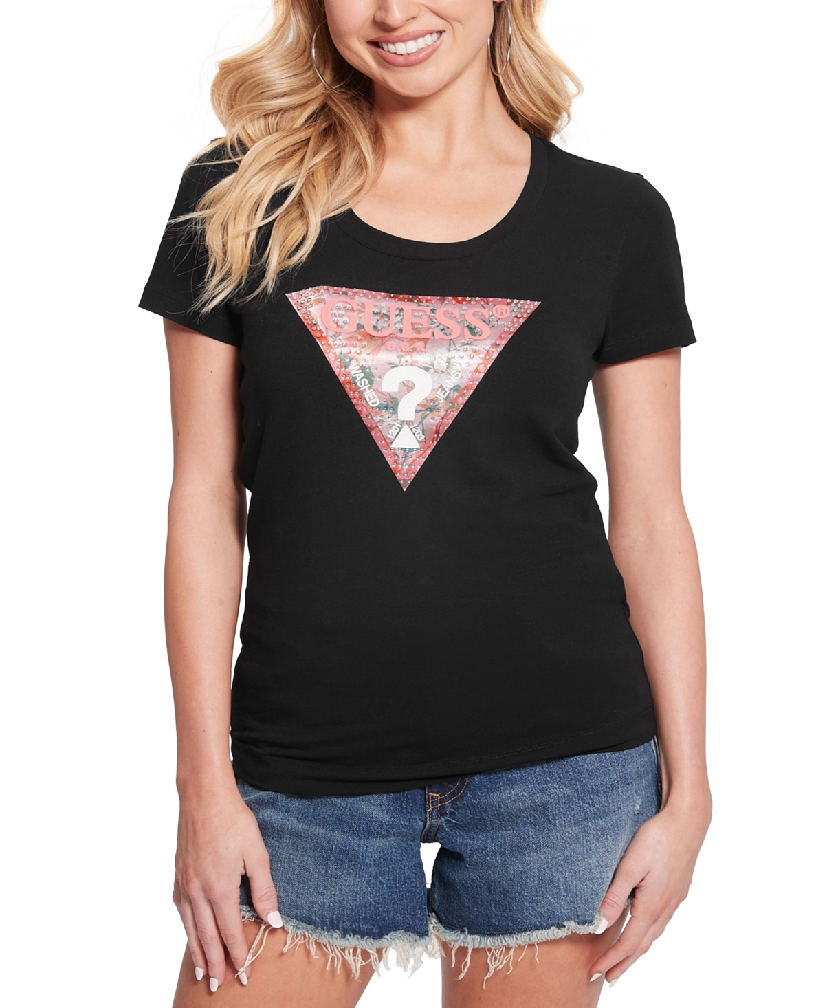 Guess Women's Embellished Triangle Logo Scoop-neck T-shirt In Jet Black A