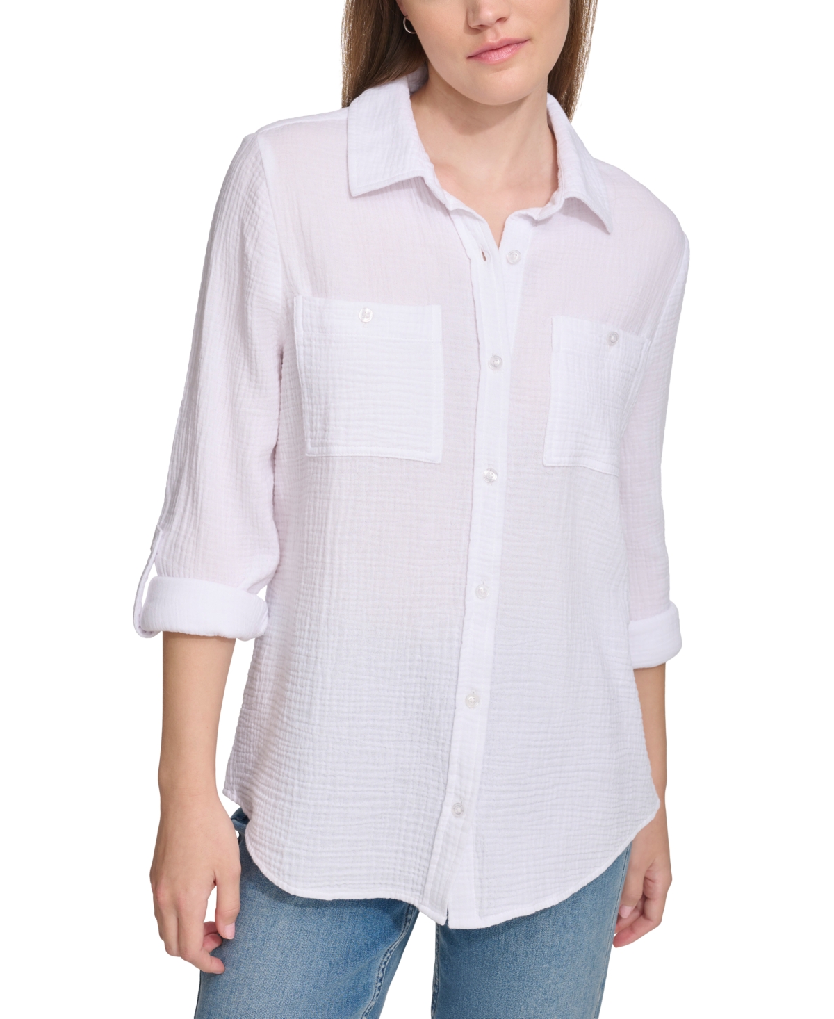 Shop Calvin Klein Jeans Est.1978 Petite Cotton Button-front Roll-sleeve Shirt In White