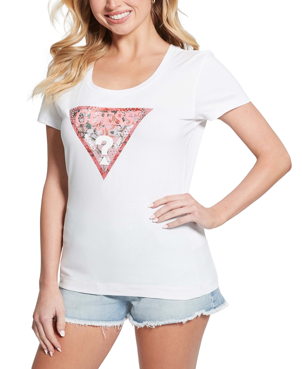Guess Women's Embellished Triangle Logo Scoop-neck T-shirt In Pure White