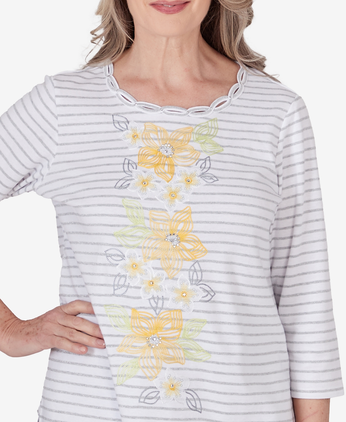 Alfred Dunner Petite Charleston Striped Floral Embroidered Top