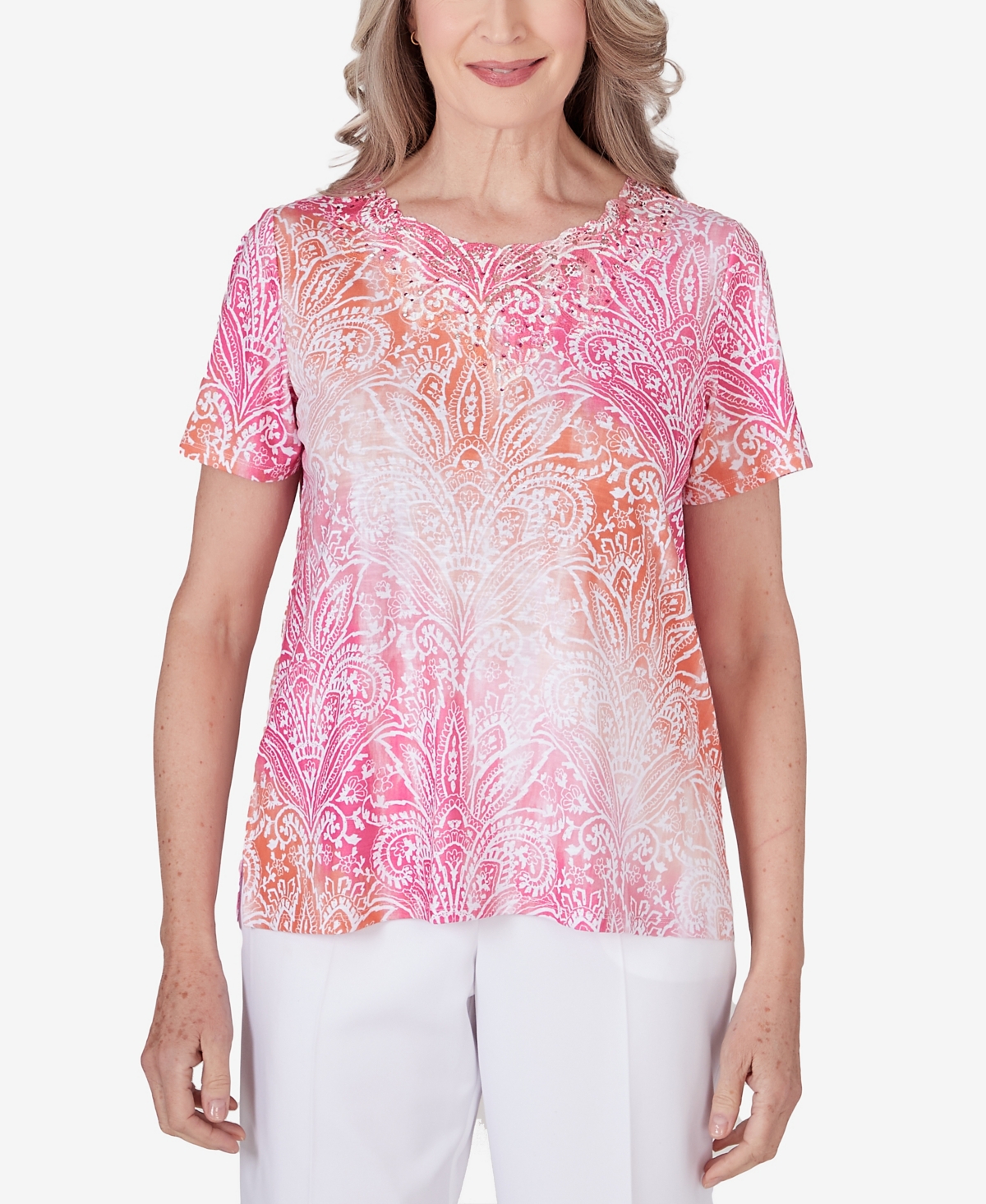 Shop Alfred Dunner Petite Paradise Island Ombre Medallion Lace Neckline Top In Peony
