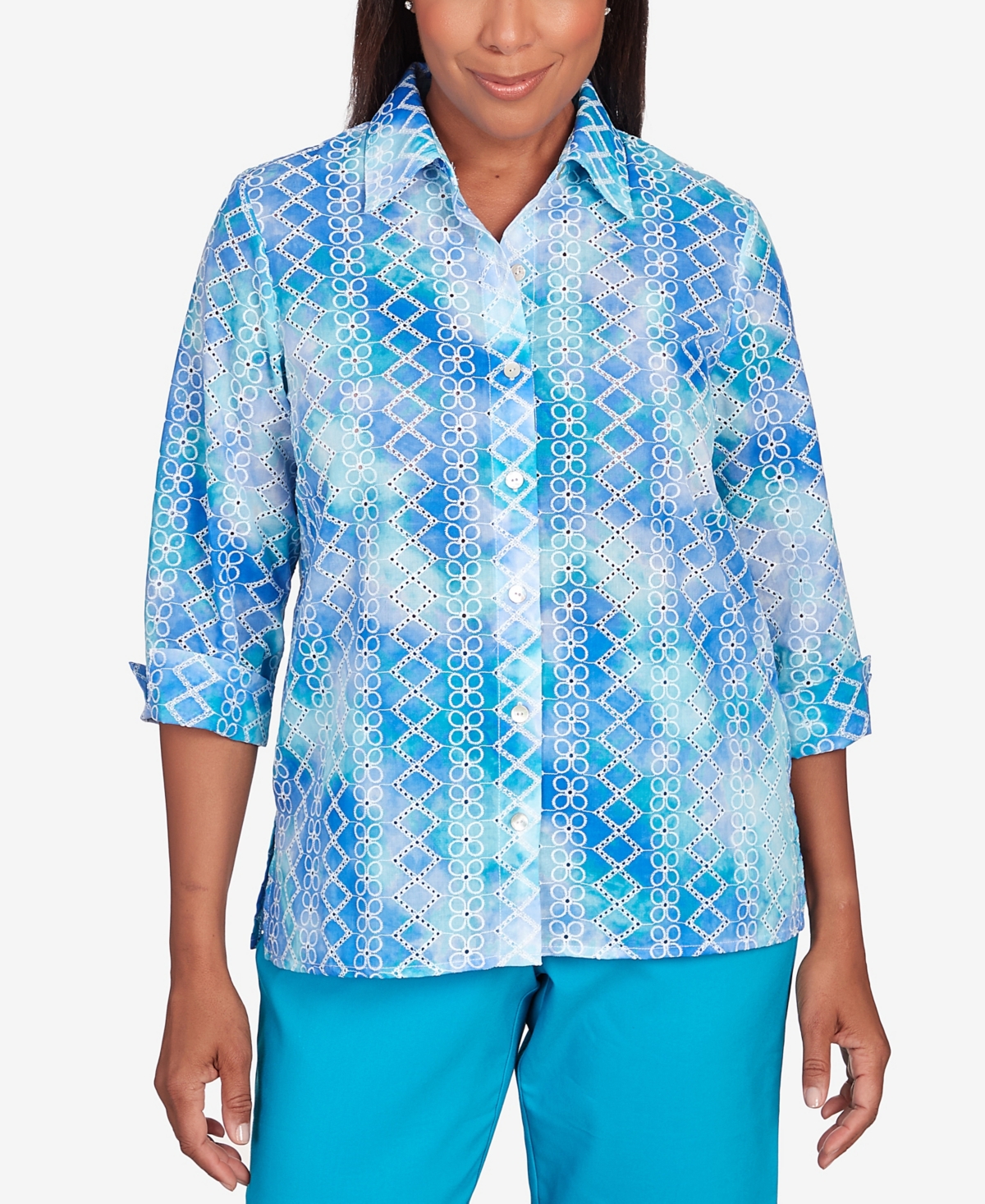 Shop Alfred Dunner Petite Tradewinds Eyelet Tie Dye Button Down Top In Multi