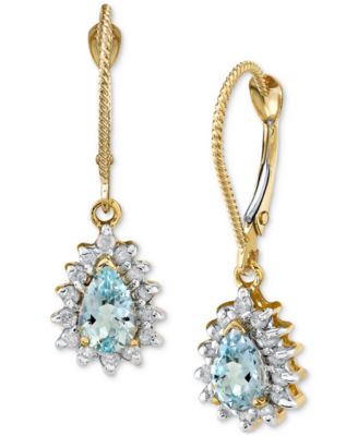 Macy's - Aquamarine (3/4 ct. t.w.) & Diamond Halo (1/4 ct. t.w.) Leverback Drop Earrings in 14k Gold