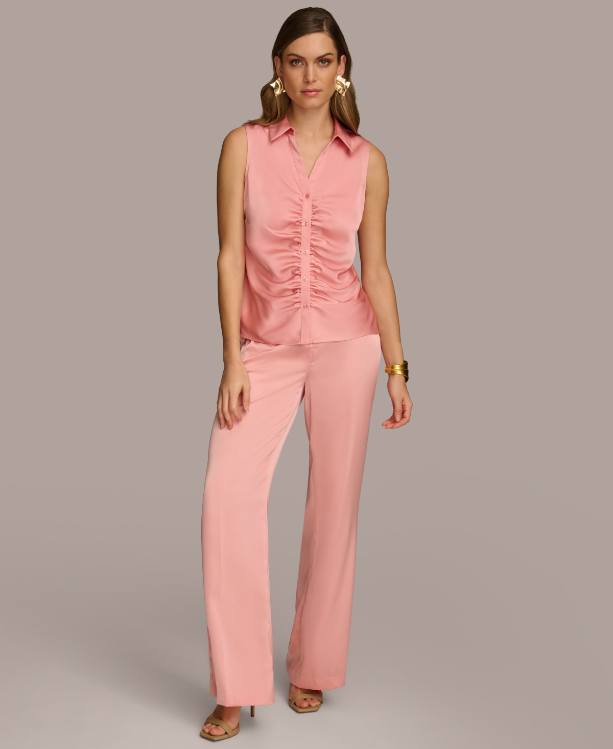 Shop Donna Karan Women's Sleeveless Satin Button Front Blouse In Cream