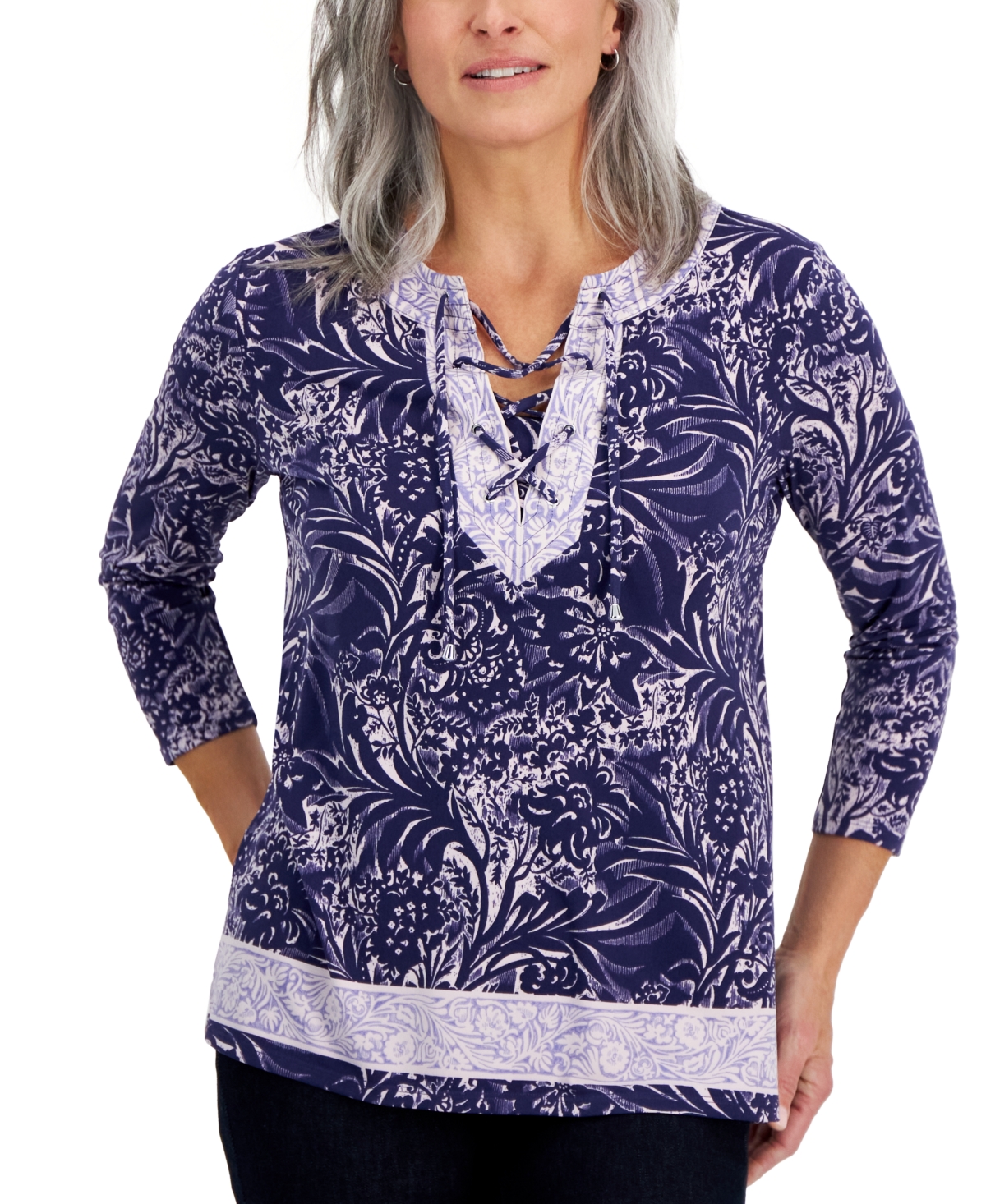Jm Collection Petite Mixed-print Lace-up Knit Tunic, Created For Macy's In Blueberry Crisp Combo