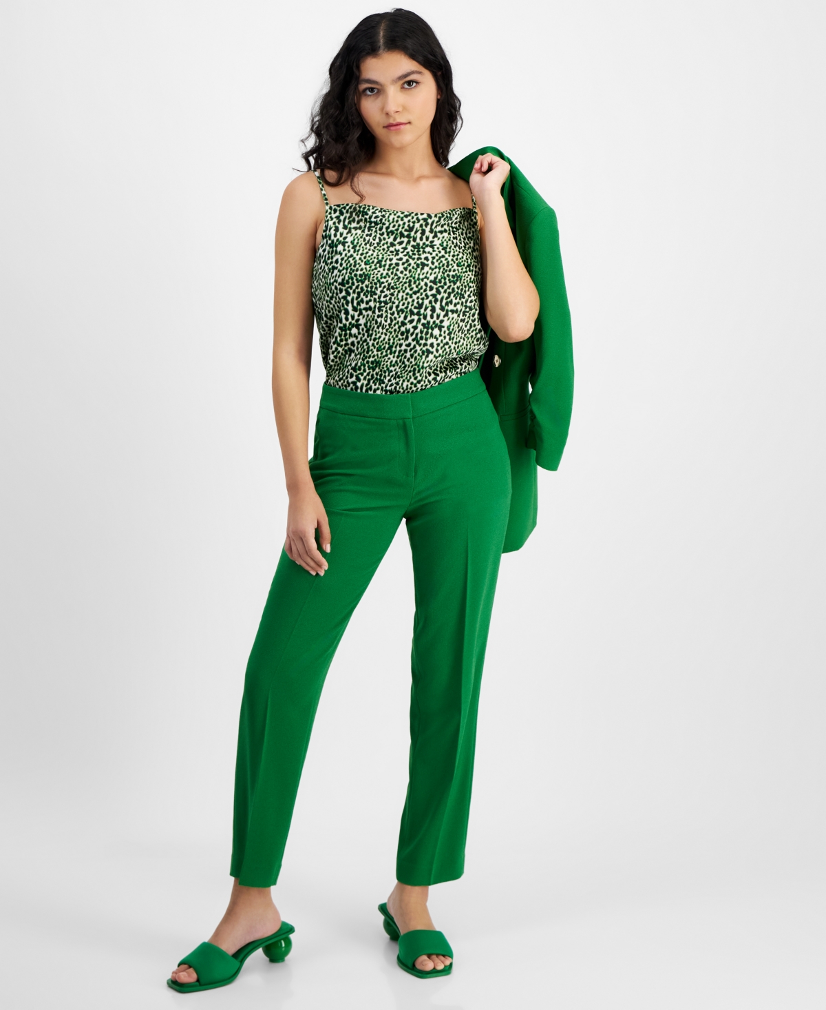 Bar Iii Women's Textured Crepe Mid Rise Staight-leg Pants, Created For Macy's In Green Chili