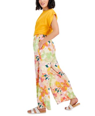 Shop Bar Iii Petite Ruched Shoulder Knit Top Floral Wide Leg Pull On Pants Created For Macys In Alexa Floral