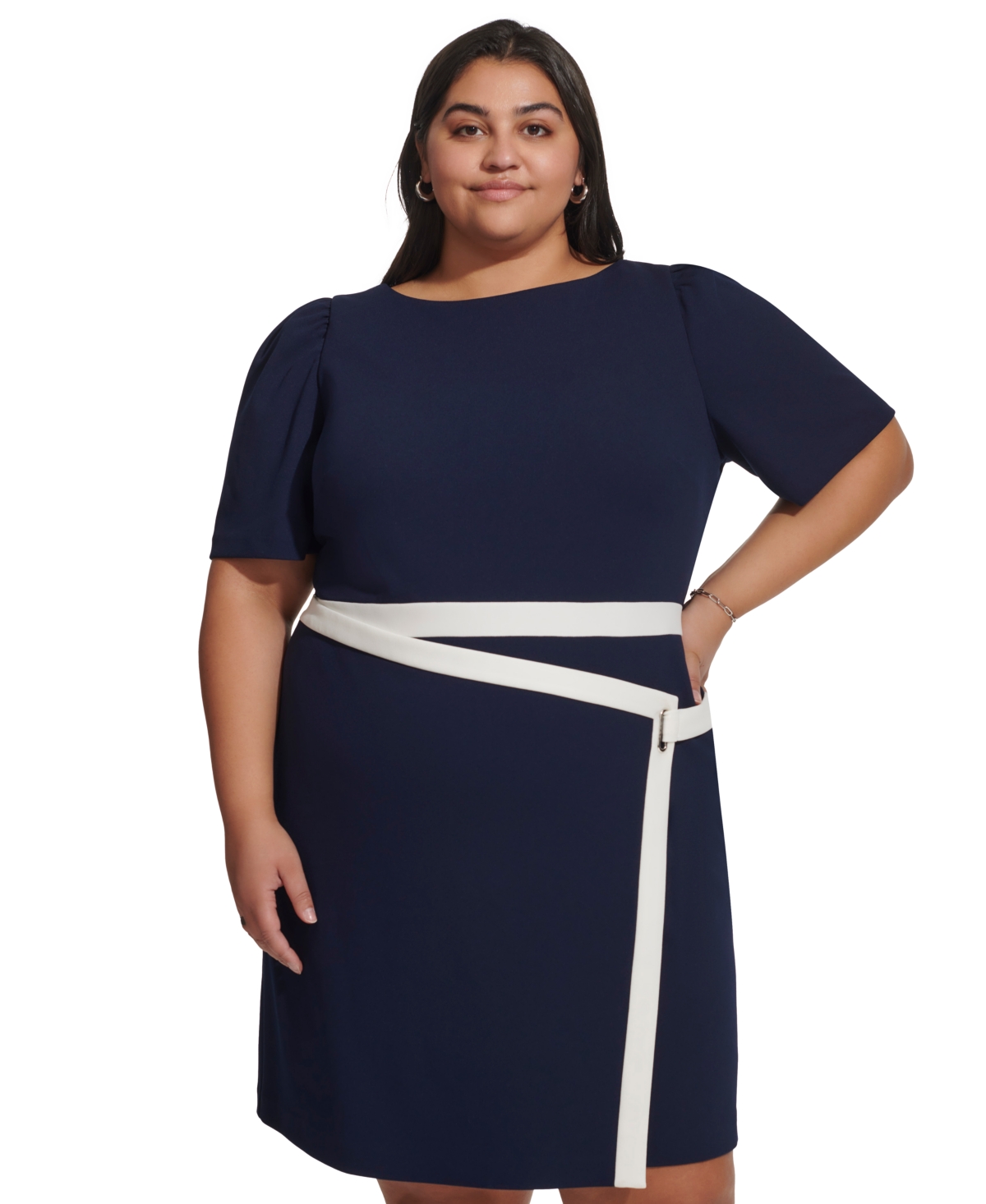 Shop Dkny Plus Size Puff-sleeve Tipped Dress In Navy,ivory