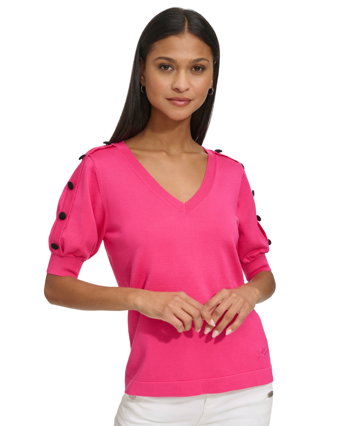Women's Short-Sleeve Button-Trim V-Neck Sweater - Fuchsia