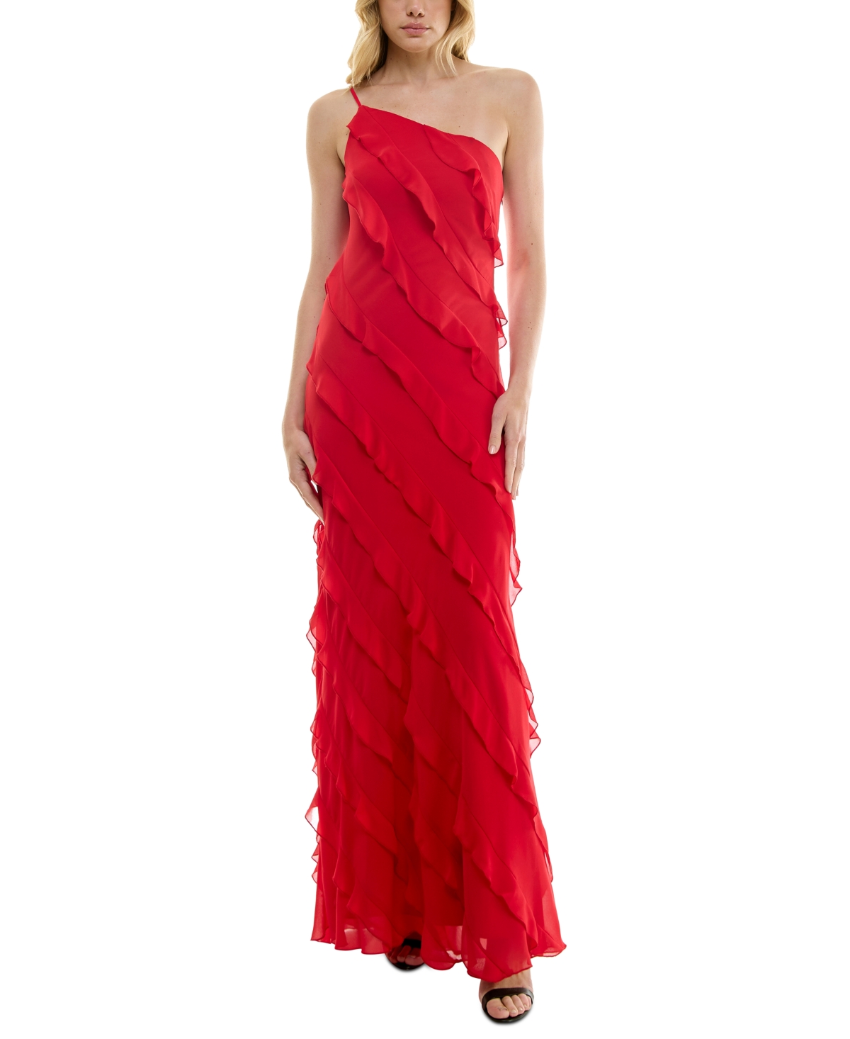 Juniors' Tiered Ruffled One-Shoulder Gown - Red