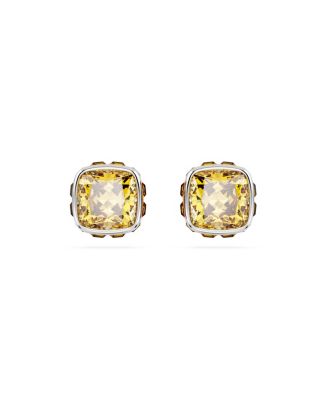Rhodium Plated Square Cut Color Birthstone Stud Earrings